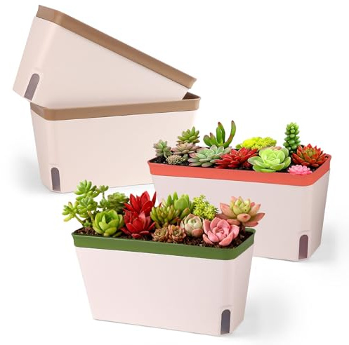 lalago Vaso da fiori con sistema di auto-irrigazione, set di 4 fioriere da 27 cm con sistema di irrigazione ERD, vasi da fiori rettangolari in plastica per cucina, balcone e davanzale (colorato)