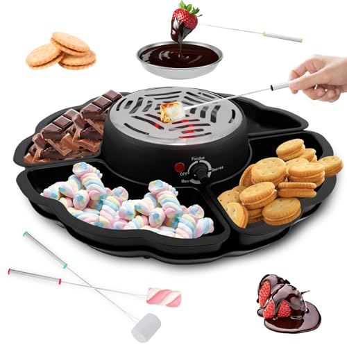 JEJUWE 2 in 1 Electric Smores Maker Fondue Pot Tabletop Indoor Smores kit with 4 Roasting Forks and 4 Detachable Trays 1 Flameless Temperature-controlled Heater Housewarming Christmas