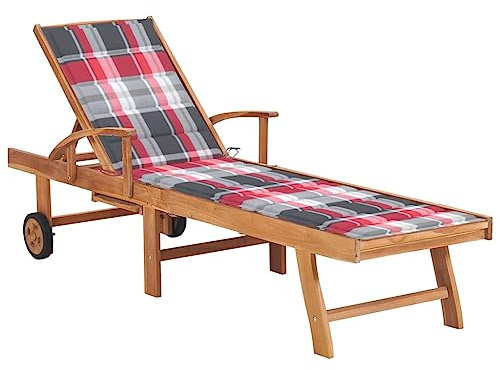 Generico Lettino Prendisole e Cuscino in Massello di Teak Rosso a Quadri,Mobili,Mobili da Giardino,Mobili e sedie da Giardino,Sdraio da giardino-3063019