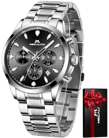 MEGALITH Waterproof Mens Watches Chronograph: Silver Stainless Steel Analogue Watch - Dress Business Style Wristwatch with Luminous Date Gifts for Gents