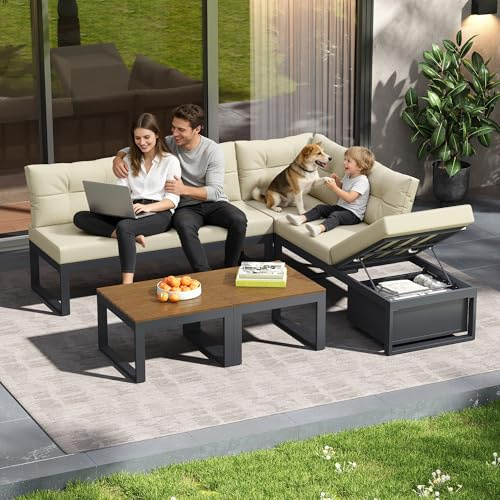 Sapgaks Salon de Jardin pour 6 Personnes,Ensemble de canapés de extérieur avec Dossier réglable sur 3 Niveaux,Canapé d'angle de Jardin avec Table,Espace de Rangement et Fonction d'inclinaison,Beige