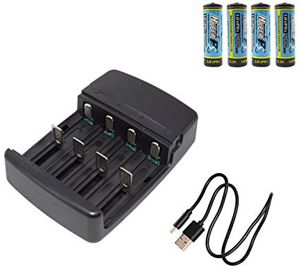 HyperPS USB Universal Smart Battery Charger for 3.2V LiFePO4 Batteries with 4 Pieces 3.2V LiFePo4 14430 4/5 AA (14 x 43mm) 400mAh Rechargeable Battery