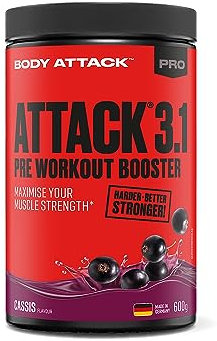 Body Attack PRE WORKOUT BOOSTER – Johannisbeere Cassis, 600 g - Hochdosierter Pump Booster mit Koffein, L-Arginin, Taurin & Creatin - Speziell entwickelt für Bodybuilding & Muskelaufbau Training