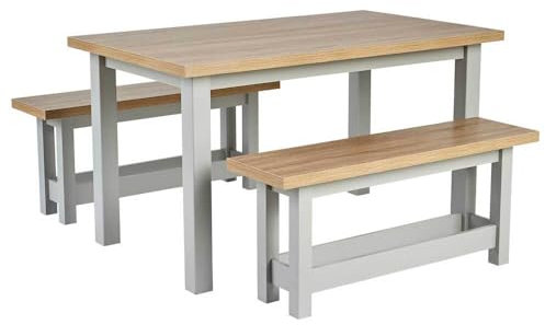 Home Source Kitchen Dining Table Set, 2 Benches, Oak Effect, Grey