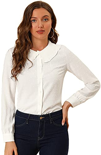 Allegra K Women's Swiss Dots Blouse Long Sleeve Peter Pan Collar Button Down Shirt Small White