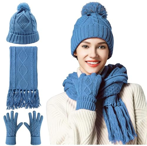 Bonnet Femme Echarpe Gants Set 3 en 1 Femme Chauds Hiver Bonnet Tricoté Gants Ecran Tactile Echarpe Longue pour Femme Dame Fille Cadeau