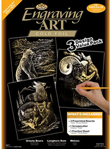 Pracht Creatives Hobby & Langnickel - Kratzbilder Set Wildtiere, Gold, 3 Bilder, Bären, Steinbock, Wölfe, für Kinder und Erwachsene, mit Kratzstift Vorlagen, 4675-22051