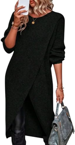 ORANDESIGNE Vestito Donna Maglia Invernale Curvy Maglione Largo Casual Chic Abito Midi Elegante Maglietta Manica Lunga Felpa Pullover Dritto Asimmetrico Vestiti di Maglina a Nero XL