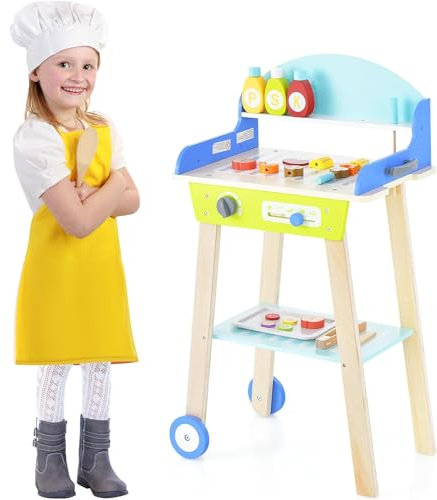 DREAMADE Kindergrill, BBQ Spielzeug mit 21 TLG. Zubehör, Kinderküche mit Grillzange & Gewürzen, Kinder Grill Holz mit Rädern für Kinder ab 3 Jahren