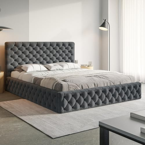 MOTIVENA Dalia Chesterfield Bett 160x200 Grau Samt, mit Stauraum, mit Kopfteil, mit Lattenrost, ohne Füße, ohne Matratze, Chesterfield Polsterbett 160x200 mit Bettkasten Grau (Anthrazit)