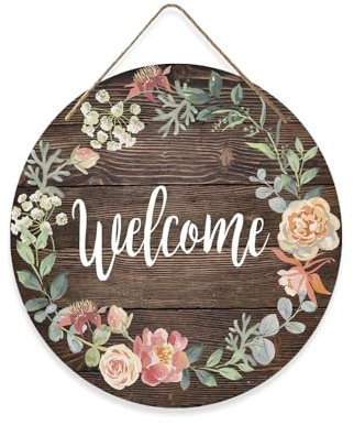HIOQFR Bienvenido a Casa Puerta Cartel Welcome Decoracion Entrada Letrero Home Madera para Colgar Adorno de Puerta Letrero Vertical Colgante Letreros Decorativos Entrada,Porche,Primavera-Redondo