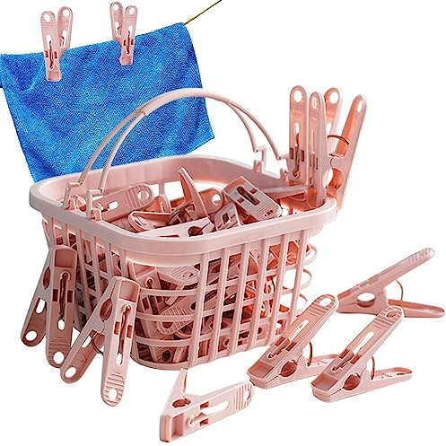 Pegs for Washing Line 31Psc Non Slip Windproof PP Material Pegs with Basket Multifunctional Fastening Waterproof Laundry Pegs with Spring Pink, Laundry Pegs