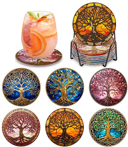 MOGTAA 6 STK Diamond Painting Untersetzer mit Halter, Diamond Painting Baum des Lebens, Diamant Malerei Set Bilder Erwachsene Kinder, DIY Diamant Tassenuntersetzer mit Kork, für Home Dekor
