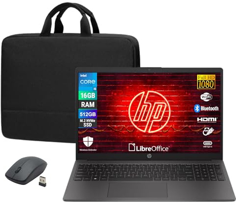 HP 250 G10, Computer Portatile Notebook, Intel i5-1334u 10 Core 3.4Ghz, Display 15.6'' FHD, Ram 16GB, SSD 512GB, Windows 11, Pronto all'uso con Libre Office + Borsa e Mouse