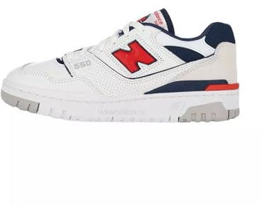 New Balance Men's 550 Sneakers, White/True Red/Navy, 42.5 EU