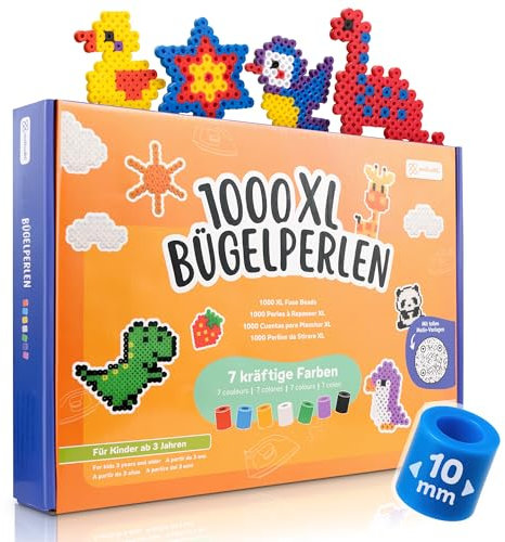 molinoRC Große Bügelperlen 10mm [1000er Nachfüll Pack] in 7 KRÄFTIGEN Farben - mit 30+ VORLAGEN-Download - XL Bügelperlen - Steckperlen groß ab 3 Jahren für einfaches Bügeln & Basteln - Maxi Perlen