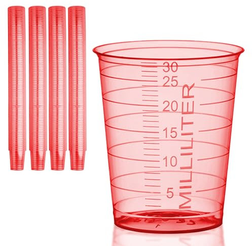 HaseMed Medizinbecher 30ml, graduiert, Kunststoffbecher für Medizin, Labor, Proben und Haushalt, hygienisch & vielseitig, 80 Stück im Set (Rot)