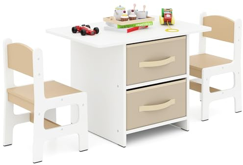 COSTWAY Set Tavolo e Sedie per Bambini 1-7 Anni, Tavolino in Materiale Atossico e Indore con 2 Sedie Ergonomiche con Schienale, Angoli Arrotondati, Ideale per Giocare, Disegnare e Leggere (Beige)
