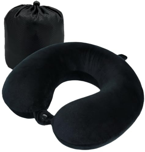 Rubotech Coussin de Voyage (Essentials) - 100% Mousse à Mémoire de Forme - Coussin de Nuque en Tissu Velours - Appuie-Nuque - Idéal pour Les Voyages, Avion, Voiture, Bureau et Maison, Lavable (Noir)
