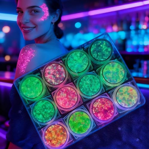 Bafiwu Festival Lot de 12 paillettes pour le visage, le corps et les cheveux, 12 couleurs, fluorescentes, pour Halloween, carnaval et festival