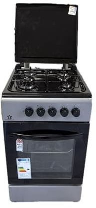 Cucina A Gas 4 Fuochi Con Forno A Gas 50 x 50 cm Colore Grigio e Nero Con Coperchio