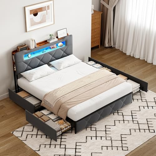 MIOOSUT Telaio del letto 140 x 200 con rete, letto matrimoniale imbottito con 4 cassetti, con illuminazione LED e ricarica USB, testiera con vano portaoggetti, per adulti e adolescenti, senza