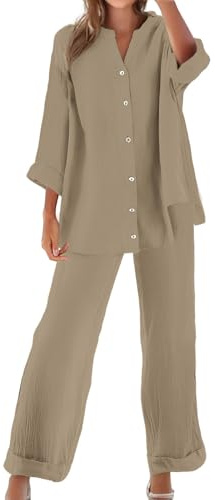Completo Donna Elegante Casual Cotone E Lino Pantalone Lungo Estivo Tuta Elegante Tinta Unita Larghi Camicia + Pantaloni Palestra Curvy Set Due Pezzi Comodo Primavera Maniche 3/4 Set Spiaggia