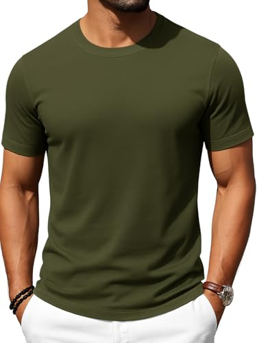 Runcati T-shirt à manches courtes et col rond pour homme - Couleur unie - Pour la gym, le fitness - Coupe droite - Basique - Décontracté - Loisirs, Vert armée., L
