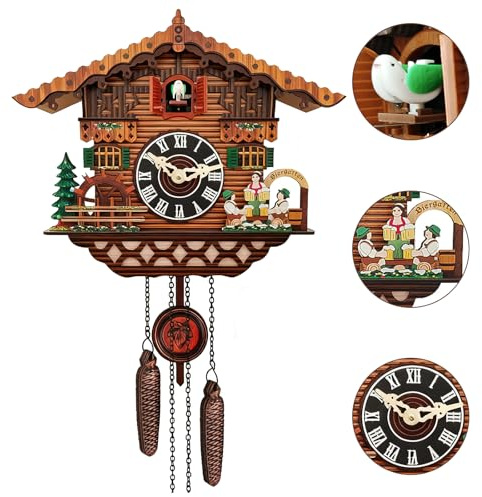 Clickovia Orologio a cucù realizzato a mano in legno con uccello funzionale, orologio da parete con controllo del volume, orologio da parete tradizionale al quarzo, antico, decorazione per soggiorno
