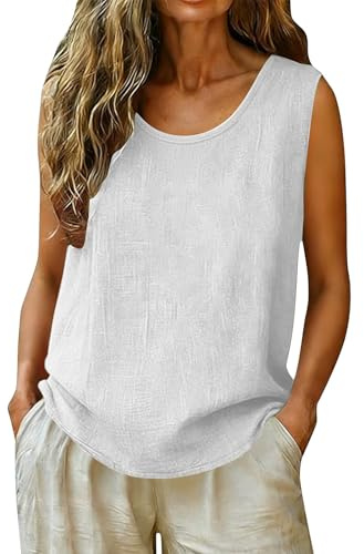 riou Camisetas Sin Mangas Mujer Verano Algodón Y Lino Transpirable Mode Retro Color Sólido Camiseta Basica Ligera Camiseta Sin Tirantes Cómodo Blusas Oficina Trabajo T-Shirt