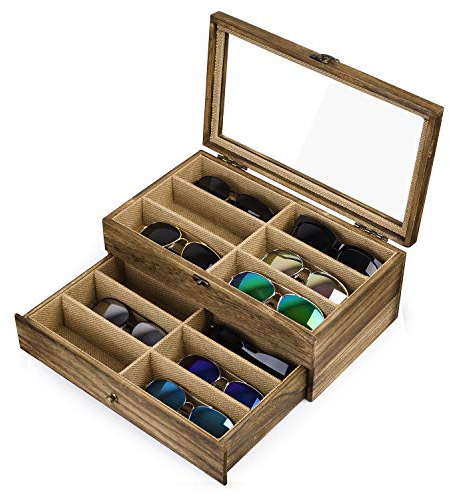 SRIWATANA Sunglasses Case Organizer for Women Men, 12 Slot Wood Eyeglass Eyewear Display Box with Glass Top, Gifts for Lover, Carbonized Black