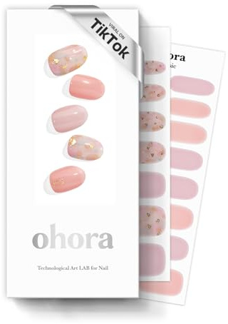ohora Semi Cured Gel Nail Strips (N Lazy Sunday) - Pink, Patterned, Works with Any UV/LED Lamps, Salon-Quality, Long Lasting, Easy to Apply & Remove - Includes 2 Prep Pads, Nail File & Wooden Stick