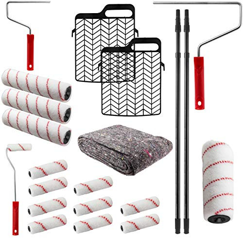 XXL - Maler Set 22 tlg. - 14 Farbrollen / 3 Malerbügel / 2 Abstreifgitter / 2 Teleskopstiele / 1 Malerflies für Heim und Handwerk