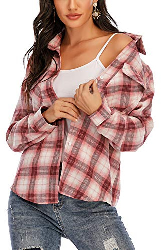 Chemise à carreaux en flanelle 100 % coton pour femme - Manches longues - Boutonnée - Style décontracté - Style classique