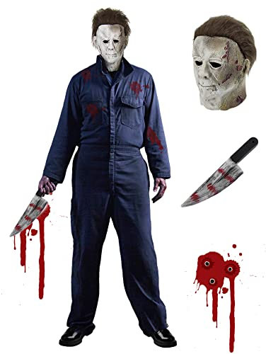 Michael Myers Kostüm für Herren 3-teiliges Herren Halloween Michael Myers Maske und Blutverschmiertes Messer Horror Cosplay Kostüm Set für Halloween Fasching Arbeitsoveralls Overall Blau Navy 027L