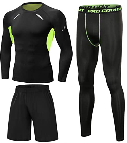 Terecey 3 Piezas Conjunto de Compresion Hombre Camisetas Manga Larga Cuello Redondo y Mallas Deporte Hombre y Pantalones Cortos para Running Correr Gym Fitness