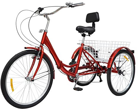 DENEST Dreirad für Erwachsene 24 Zoll Lastenfahrrad 3 Rad Fahrrad 7 Gang Erwachsene Dreirad mit Rückenlehne und Shopping Korb (Rot)