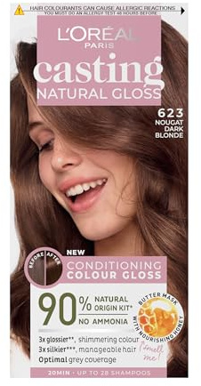 L'Oreal Paris Semi-permanente Haarfarbe ohne Ammoniak 623 Nougat Dunkelblond Honig Glänzende Haartönung, natürliches Finish für bis zu 28 Shampoos, Casting Natural Gloss, 1