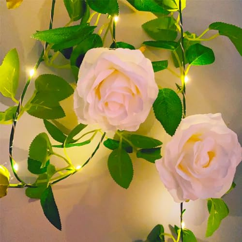 Fielegen Artificial Flower Garland with 20 LED String Lights, 2 Meter Hanging Rose Flower Vine Garland Decoration Lights for Garden Wedding Flower Table Decor Birthday Party Christmas DIY Wreath Decor