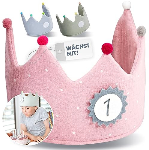 Geburtstagskrone Kinder-Geburtstag aus Musselin mit Zahlen von 1 - 9 für Mädchen Jungen Party Deko Hut Stoffkrone in drei Farben (rosa)