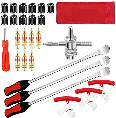 AMDZGLB 27 Stück Set Reifenheber Reifen Montiereisen Montierhebel Reifenmontage Werkzeug Tire Spoon Lever für Motorrad Fahrrad mit 3 Felgenschutz, 11 Fahrradkappe, 7 Ventilkerne