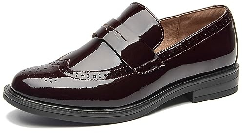 BEAU TODAY Penny Loafers for Women,Women Patent Leather Oxford Loafers,Comfort Slip-on Flat Loafers,Round Toe Longwing Dressy Shoes for Business Work Office Casual Holiday Walk Wine Red US 6.5