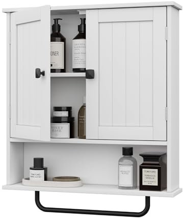 RRX Badezimmerschrank, Hängeschrank mit Handtuchhalter, 56x13x65cm Aufbewahrungsschrank über der Toilette mit 2 Türen und verstellbarem Regal, weißer Hängeschrank für Badezimmer, Waschküche (Weiß)