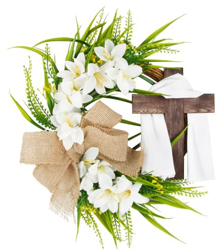 BOFUNX Corona di Pasqua Ghirlanda Pasquale Ghirlanda Floreale con Croce per Porta Decorazione di Pasqua Festa Ornamenti Pasquali da Appendere per Porta Parete Finestra