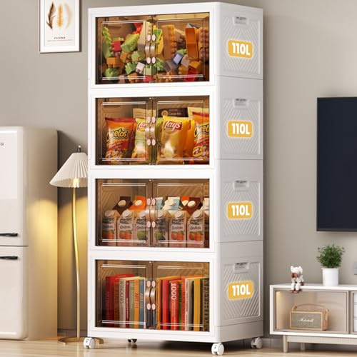 ELPHECO Faltbare Aufbewahrungsbox mit Deckel 4 Packs 110L Aufbewahrungsbox, Stapelbare Aufbewahrungsboxen mit Doppeltüren, Kunststoff-Aufbewahrungsbehälter mit Rädern, 70x46x156cm