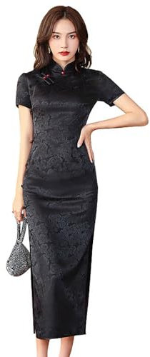 ZNLFS Chinesisches Damenkleid, lang, Cheongsam, Mandarinenkragen, schmale Passform, kurze Ärmel, figurbetont, Blumendruck, sexy Seitenschlitz, Qipao, Schwarz , 34