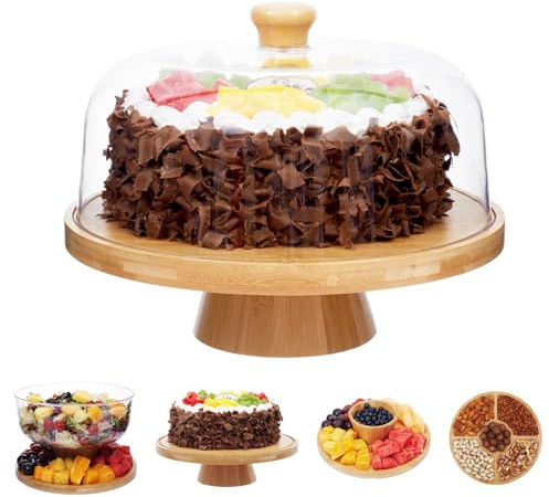 Timboops Home Bamboo Cake Stand with Lid, 6-in-1 Multifunctional Cake Plate, Cake Holder, Serving Tray, Fruit Platter, Salad Bowl, Dessert Table Display & Acrylic Cake Dome Cover