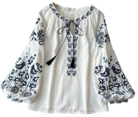 Chemisier brodé ample pour femme avec col à lacets et manches lanternes, style bohème