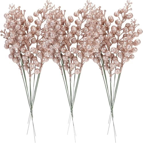 Sea Team Confezione da 24 rami di bacche di agrifoglio, bastoncini di frutta decorativi, steli lucidi, picchetti per albero di Natale, piccoli vasi, vacanze, matrimoni, feste, 11 pollici. Oro rosa