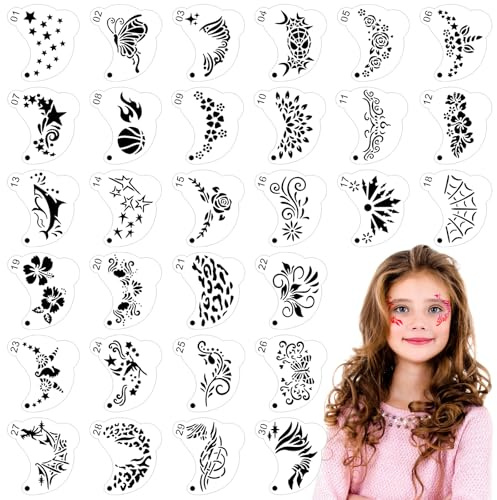 OOTSR 30pz Plantilla de Pinturas Cara Ojos para Niños Adulto, Plantilla de Pintura Facial Halloween Reutilizable para Fiestas de Maquillaje Carnaval